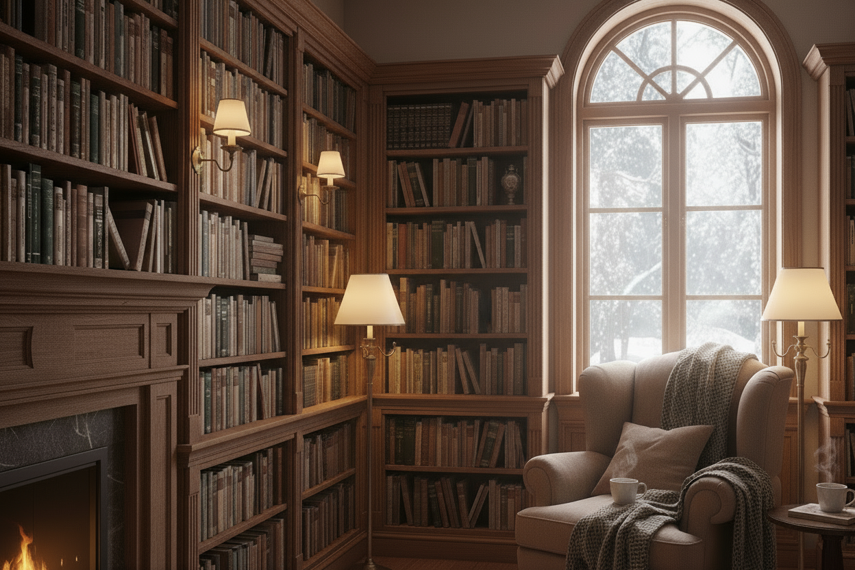 biblotek med våran bok ekonomi i första klass på hyllan